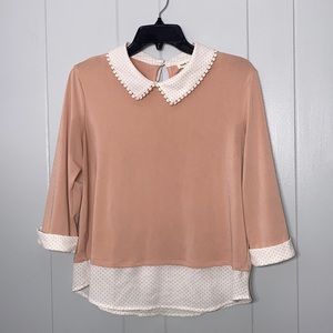 Faith and Joy Women’s Blush Pink 3/4 Sleeve Flowy Blouse + Polka Dots Size M